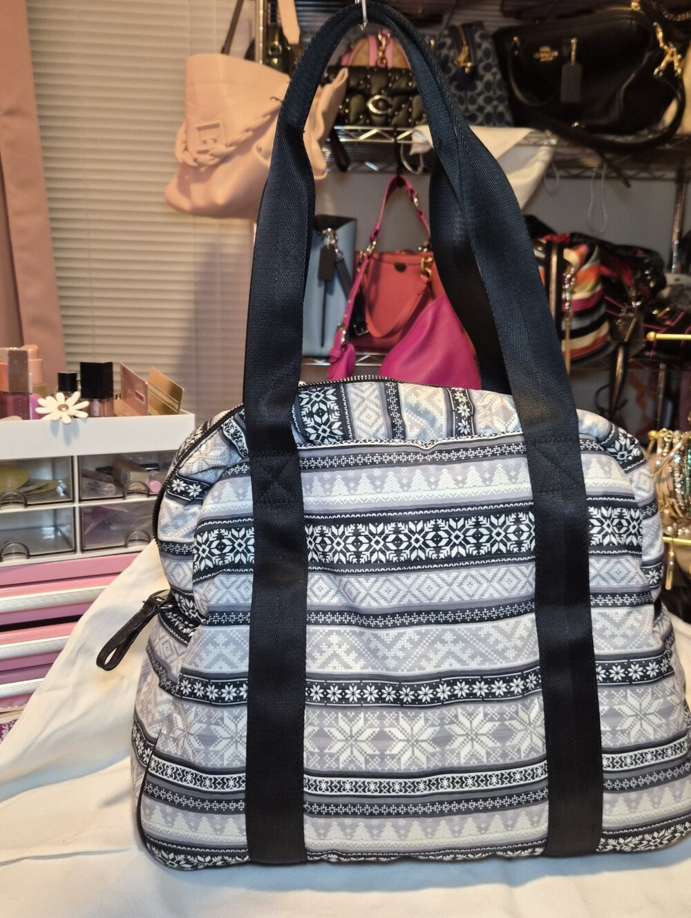 Isaac Mizrahi Fair Isle Weekender Duffel Bag Gray Black Snowflake Tote GUC
